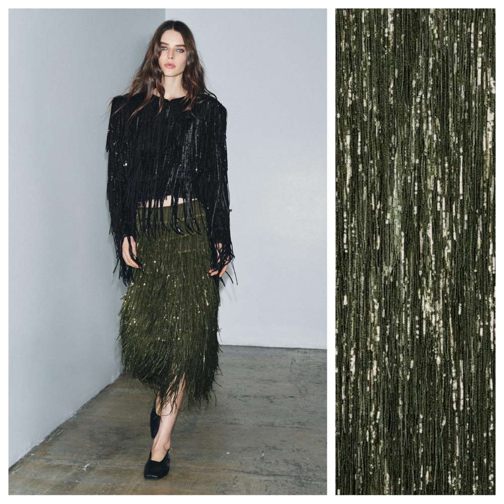 Zara Olive Fringe Midi Skirt